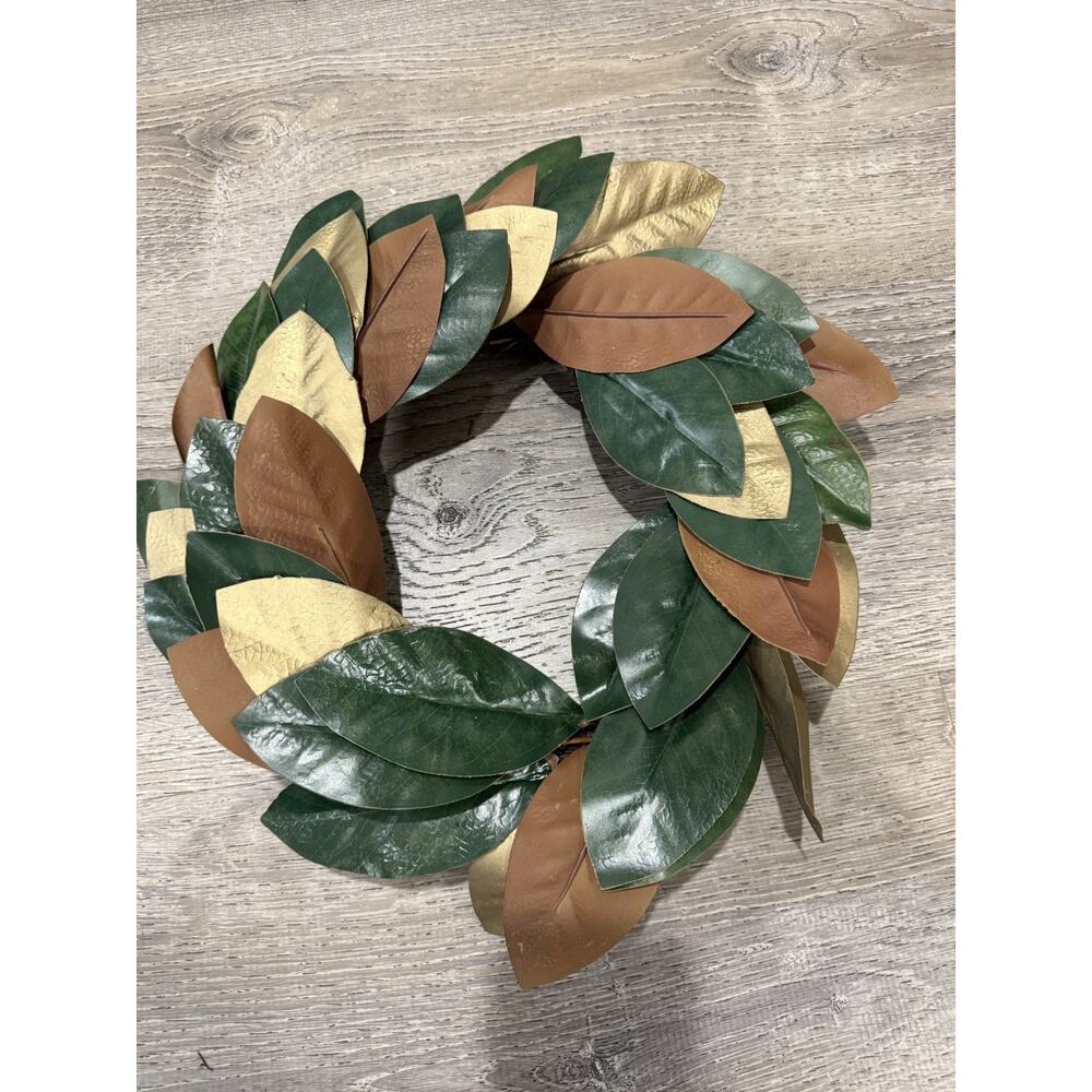 Gold Brown Green Magnolia leaf Wreath 17” EUC